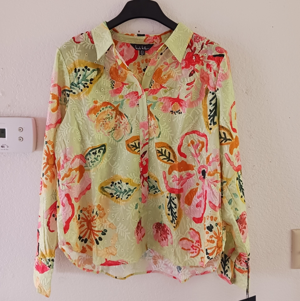 Nicole‎ Miller Embroidered Eyelet Button Front Shirt